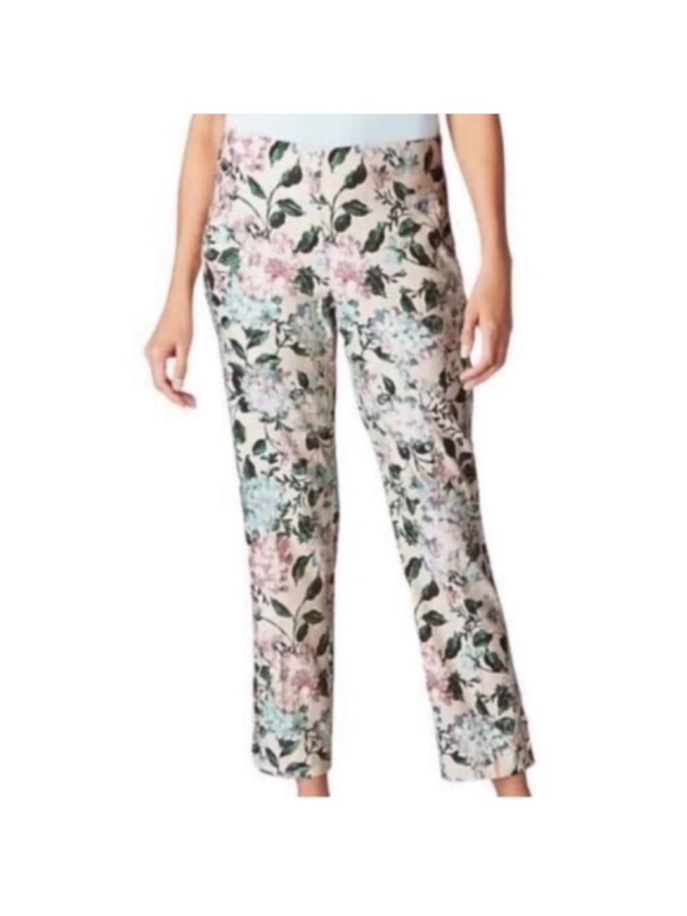 J. Jill Linen Stretch Floral Pants Sz XL Ivory Green Pink